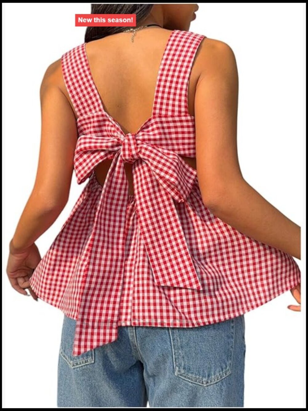 Women's Plaid Square Neck Sleeveless Tank Top Bow Knot Back Ruffle Hem